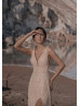 Luxurious Beaded Lace Tulle Slit Beach Wedding Dress